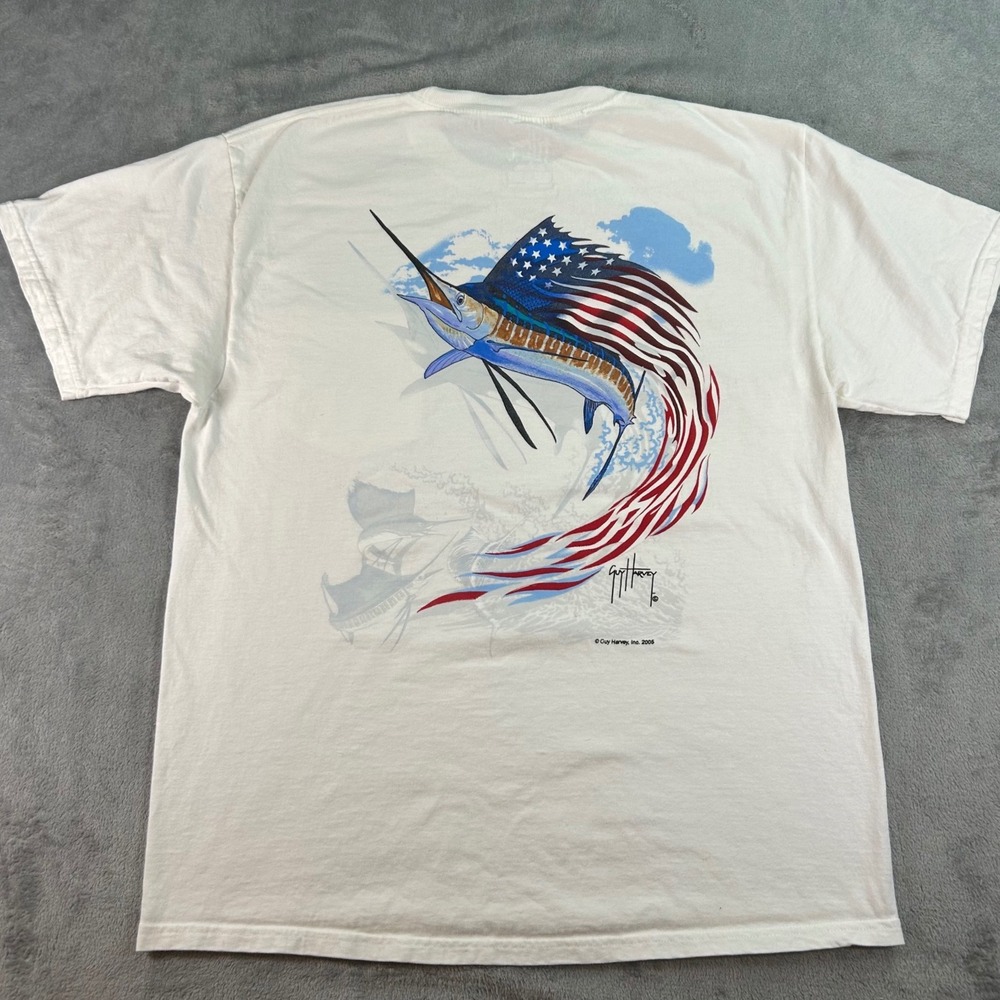 Guy Harvey Mens White American Flag Marlin Pocket T-Shirt Large 2005 Graphic Tee